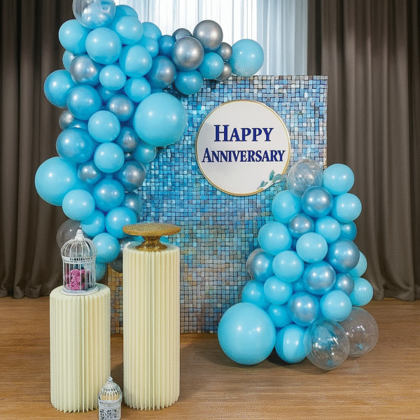 Light Blue & Silver Anniversary Balloon Backdrop