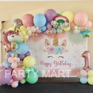 Pastel Unicorn Birthday Balloon Decoration with Rainbow Accents