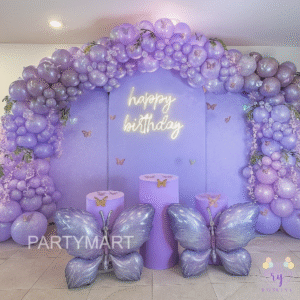 Lavender Shimmer Birthday Balloon Backdrop with Metallic Butterflies and Luxe Decor