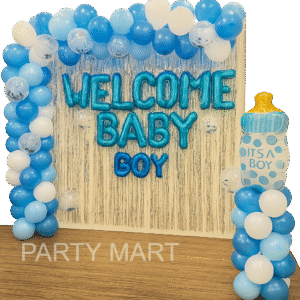 Blue & White Baby Boy Welcome Setup with Bottle Balloon and Shimmer Backdrop
