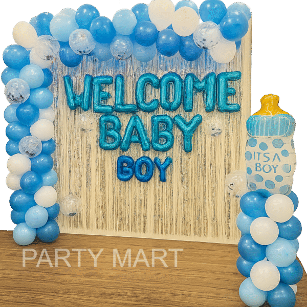 Blue & White Baby Boy Welcome Setup with Bottle Balloon and Shimmer Backdrop