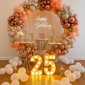 Elegant Peach & Gold 25th Birthday Balloon Decor