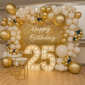 Luxe White & Gold 25th Birthday Backdrop Decor