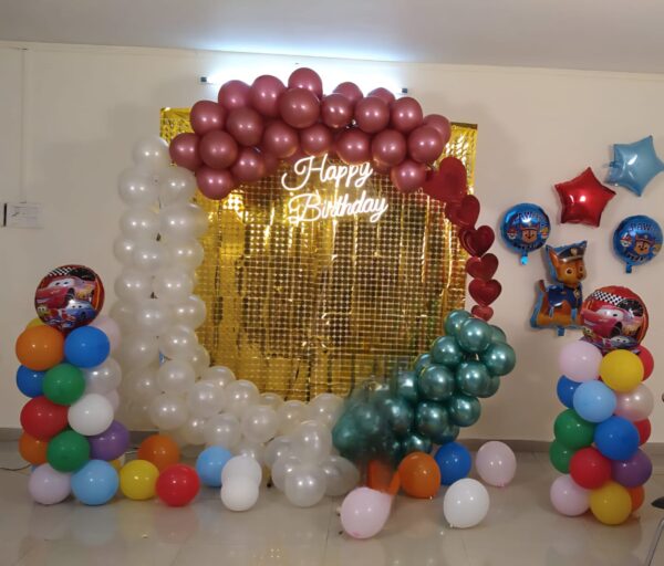 Colorful Cars Theme Birthday Balloon Ring with Golden Backdrop